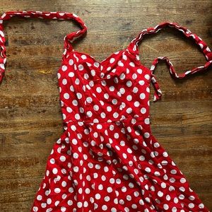 Red polka dot halter swing dress